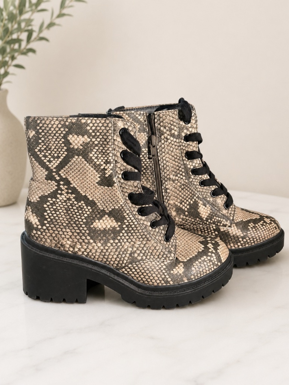 Snakeskin Print Lace Up Combat Boots Chunky Heel Ankle Boots